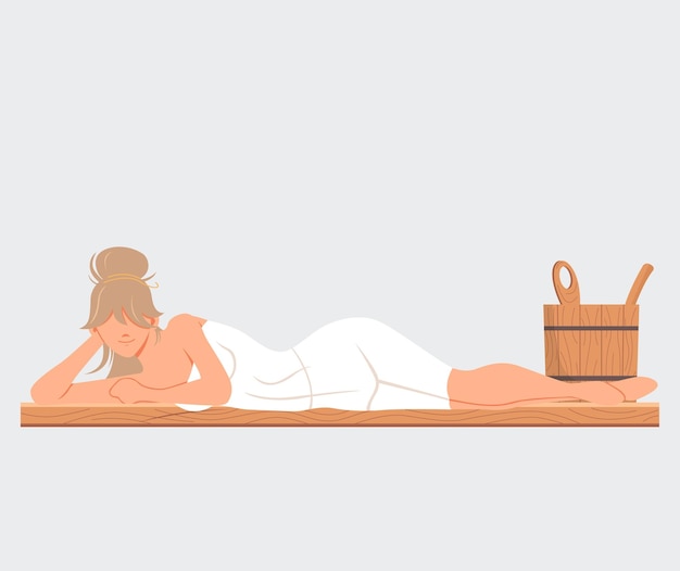 Vector mujer sentada y relajándose en la sauna aislada en blanco baño o banya procedimientos de spa de bienestar