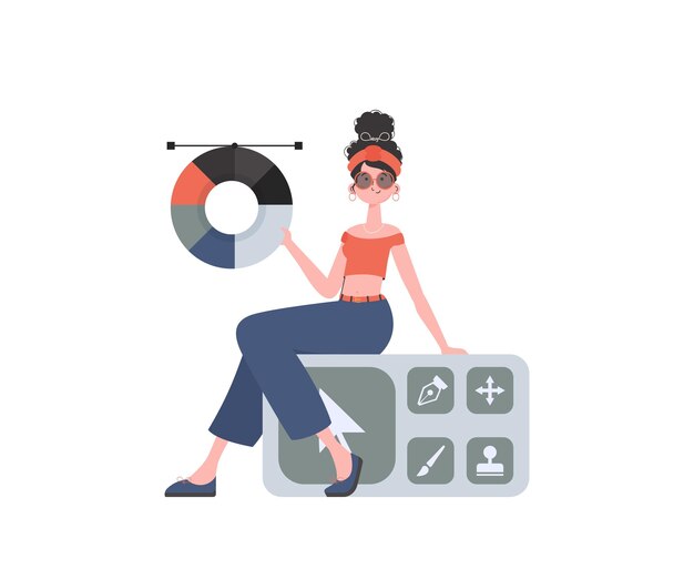 Una mujer sentada con una rueda de color en sus manos Elemento aislado para presentación Ilustración vectorial