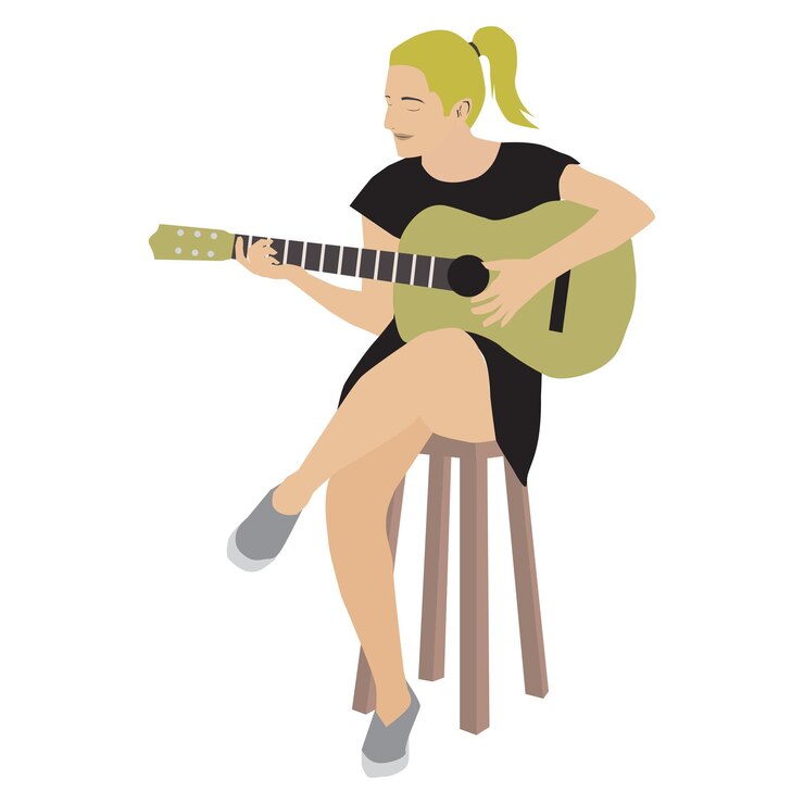 Vector mujer sentada en una silla alta tocando la guitarra acústica ilustración vectorial