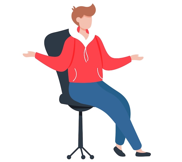 Vector mujer sentada en una silla, las manos extendidas a los lados, expresa emociones con gestos y conversaciones.