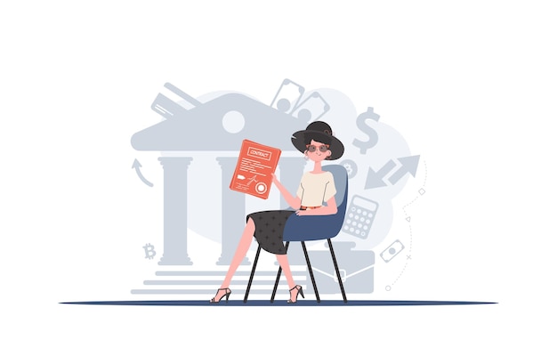 Una mujer sentada en una silla y sostiene un contrato en sus manos El concepto de celebrar contratos Ilustración vectorial