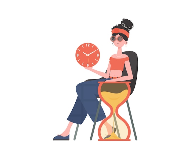 Una mujer sentada en una silla y sostiene un reloj en sus manos Elemento aislado para presentación Ilustración vectorial