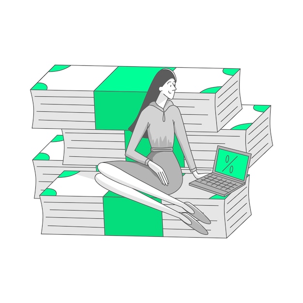 Vector mujer sentada sobre fajos de billetes