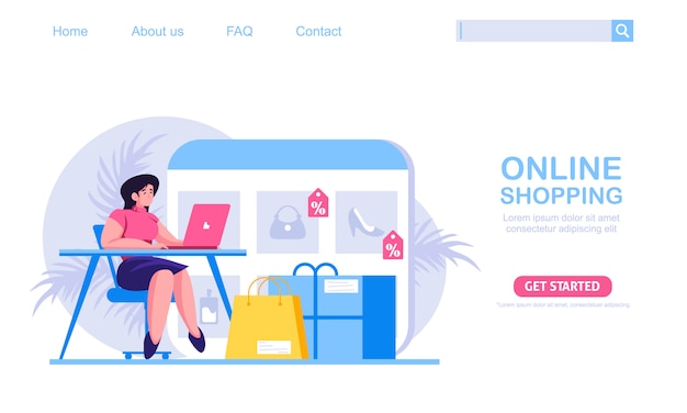 Una mujer sentada en un sofá, comprar en la tienda en línea. el catálogo de productos en la página del navegador web. ilustración del concepto de compras en línea, perfecto para diseño web, banner, aplicación móvil, página de inicio.