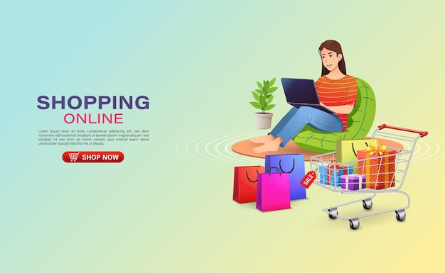 Mujer sentada en el sofá y compras en la tienda online a través de una computadora portátil
