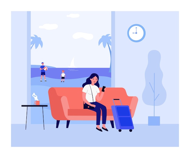 Mujer sentada en un sofá con equipaje durante las vacaciones. Mar, niño, ilustración de vector plano de teléfono inteligente
