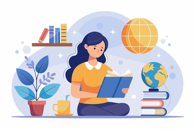 Una mujer sentada en el suelo absorta en la lectura de un libro Una mujer leyendo un libro computadora y globo simple y minimalista Ilustración vectorial plana