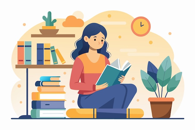 Una mujer sentada en el suelo absorta en la lectura de un libro una mujer preparándose para un examen leyendo un libro de ilustración vectorial plana simple y minimalista