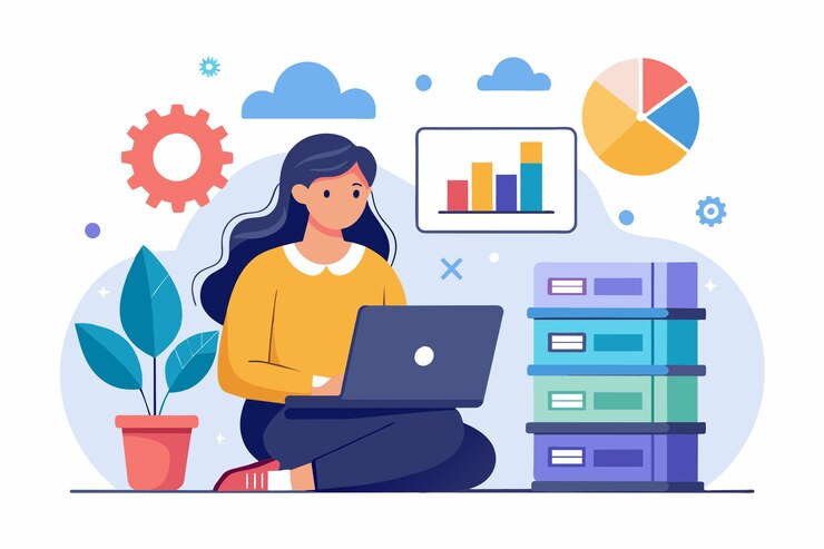 Vector una mujer sentada en el suelo centrada en su computadora portátil mientras analiza datos para su almacenamiento a través de un sitio web mujer con un ordenador portátil análisis de datos de almacenamiento a través del sitio web ilustración vectorial plana simple y minimalista
