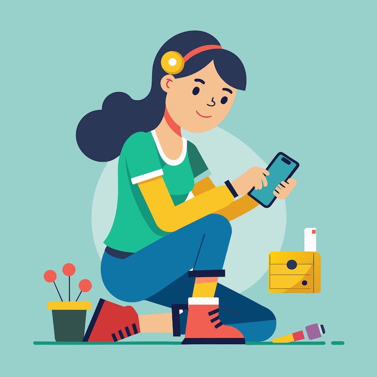 Vector una mujer sentada en el suelo enfocada en la pantalla de su teléfono móvil una mujer repara un teléfono móvil ilustración vectorial plana simple y minimalista