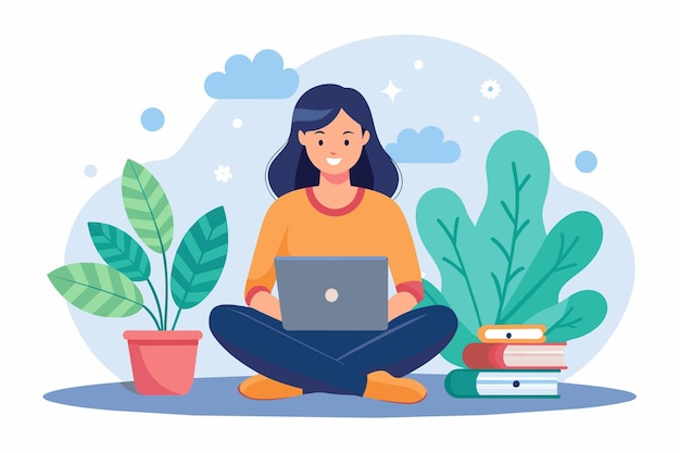 Una mujer sentada en el suelo mientras usa una computadora portátil para la educación en línea mujer sentada con una computadora portable concepto de educación en línea aprendizaje a distancia concepto ilustración plana
