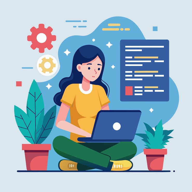 Vector una mujer sentada en el suelo trabajando en una computadora portátil mujer reparando programación ilustración vectorial plana simple y minimalista