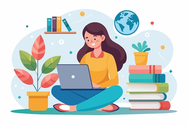 Mujer sentada en el suelo usando una computadora portátil para la educación en línea concepto mujer sentada con una computadora portable concepto de educación en línea aprendizaje a distancia concepto de ilustración plana