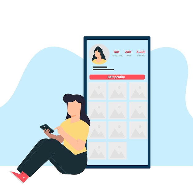 Mujer sentada en el suelo y usando un teléfono inteligente Ilustración vectorial en estilo plano
