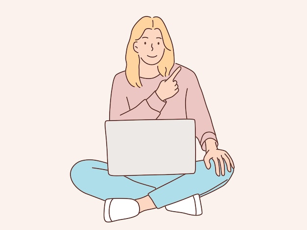 mujer sentada trabajando con una ilustración vectorial de portátil