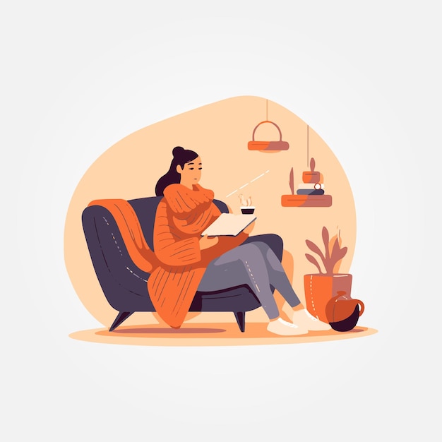 mujer sentada trabajando leyendo un libro en la habitación