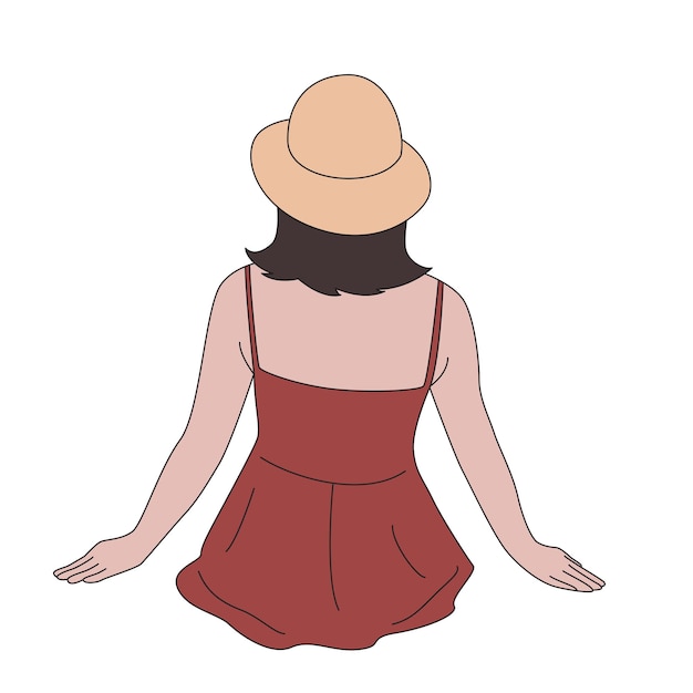 Mujer sentada con un vestido y un sombrero de paja Ilustración de vacaciones de vacaciones
