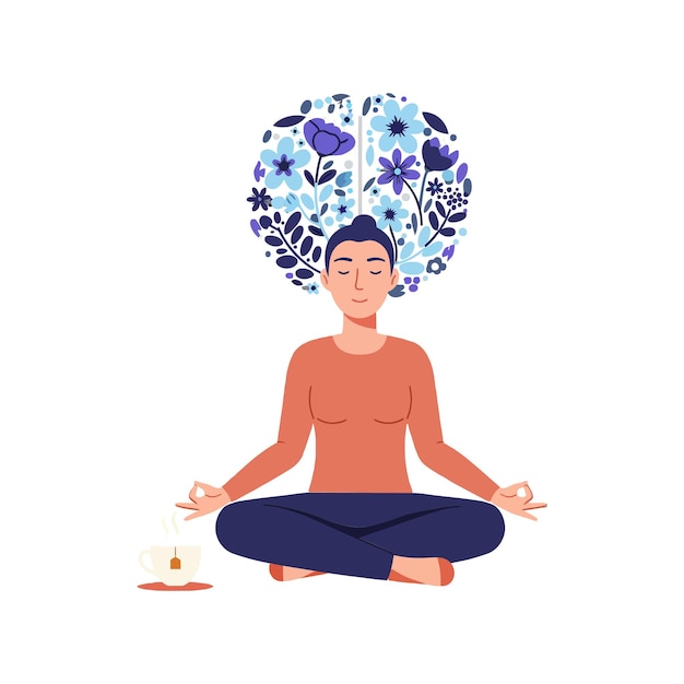 Una mujer serena practicando la meditación con un diseño cerebral floral en una ilustración vectorial plana que destaca la atención plena y la tranquilidad