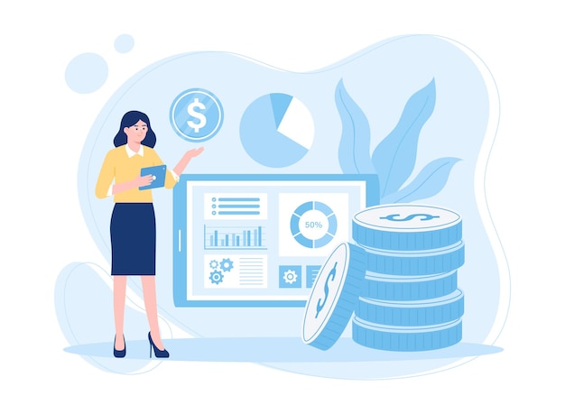 una mujer con servicios financieros modernos tabletas para invertir en empresas concepto ilustración plana