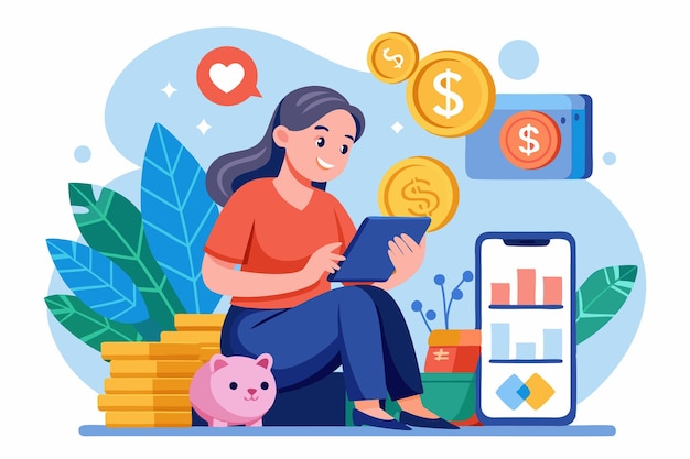 Una mujer se sienta cómodamente usando una aplicación digital para rastrear sus ahorros y finanzas mientras está rodeada de monedas.