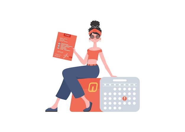Una mujer se sienta y cuenta impuestos Elemento aislado para presentación Ilustración vectorial