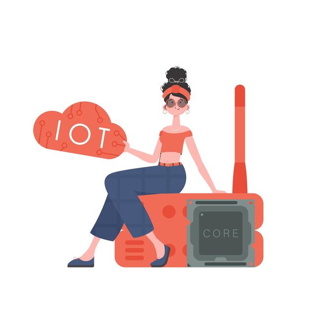Una mujer se sienta en un enrutador y sostiene el logotipo de Internet de las cosas en sus manos Concepto de Internet de las cosas Ilustración vectorial aislada