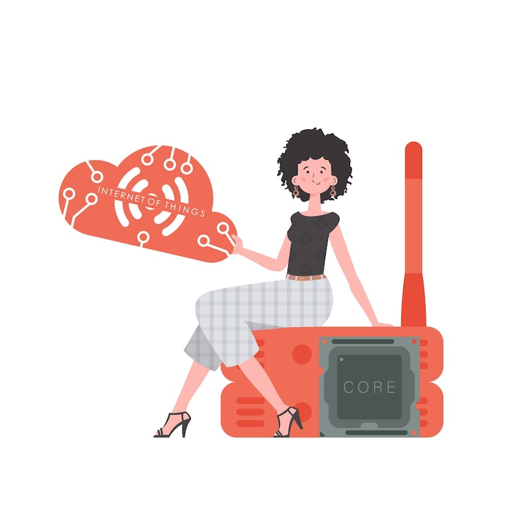 Vector una mujer se sienta en un enrutador y sostiene el logotipo de internet de las cosas en sus manos internet de las cosas y el concepto de automatización ilustración vectorial aislada en estilo plano