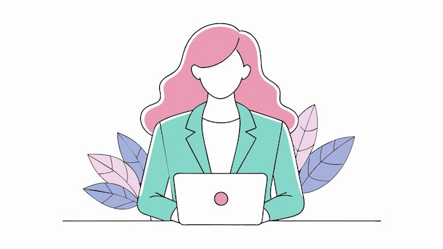 una mujer se sienta en un escritorio con una computadora portátil y un círculo rosa en el medio