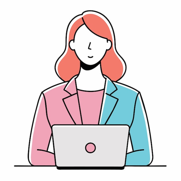 una mujer se sienta en un escritorio con una computadora portátil y un círculo rosa en la parte inferior