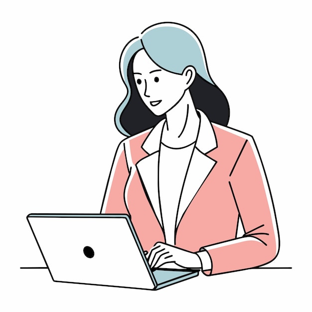 una mujer se sienta en un escritorio con una computadora portátil y una foto de una mujer trabajando en su computadora portatil