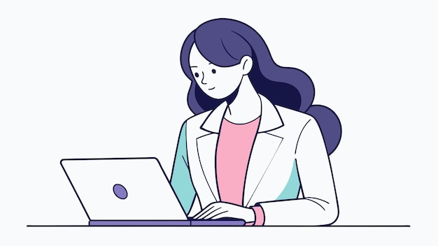 una mujer se sienta en un escritorio con una computadora portátil y un libro titulado el nombre