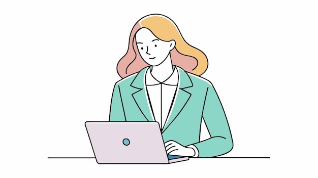 una mujer se sienta en un escritorio con una computadora portátil y una mujer está trabajando en su computadora portatil