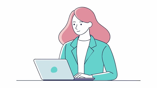 una mujer se sienta en un escritorio con una computadora portátil y una mujer trabajando en su computadora portable