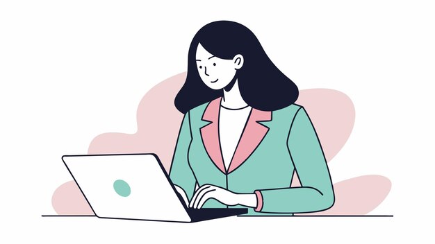 una mujer se sienta en un escritorio con una computadora portátil y la palabra que amo en ella