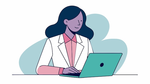 una mujer se sienta en un escritorio con una computadora portátil y la palabra que está trabajando en su computadora portable