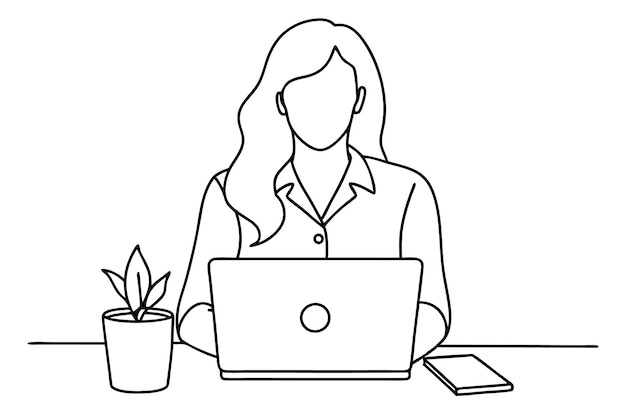 una mujer se sienta en un escritorio con una computadora portátil y una planta en la esquina