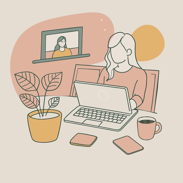 una mujer se sienta en un escritorio con una computadora portátil y una planta en maceta