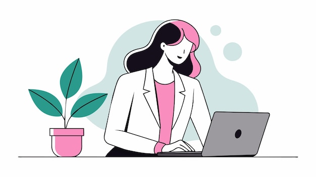 una mujer se sienta en un escritorio con una computadora portátil y una planta en maceta