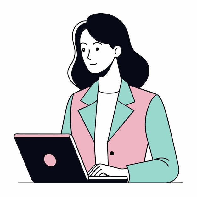 una mujer se sienta en un escritorio con una computadora portátil y un punto rosa en la parte inferior