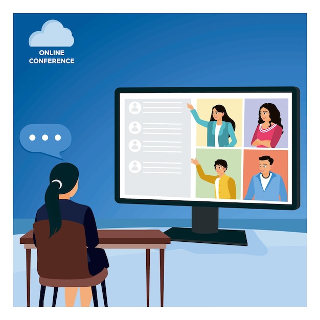Una mujer se sienta en un escritorio con una computadora teniendo una reunión de videoconferencia con varios colegas