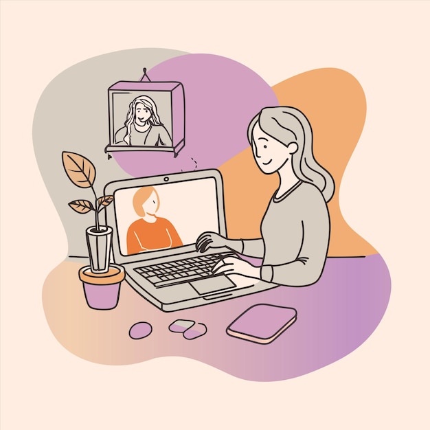 una mujer se sienta frente a una computadora con una imagen de una mujer en la pantalla
