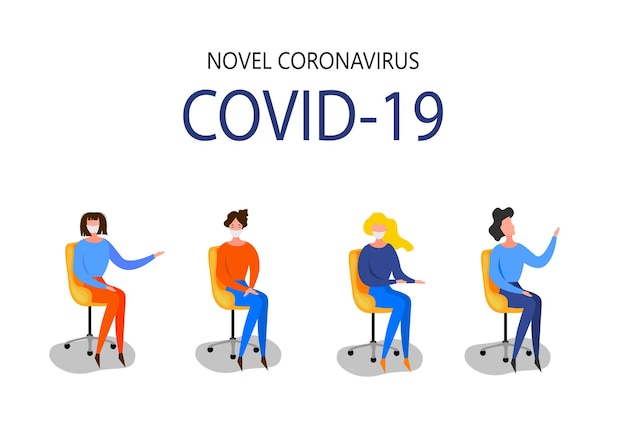 La mujer se sienta frente a una computadora personal y estudia las últimas noticias sobre el brote de coronavirus 2019-ncov aislado en un fondo blanco. concepto de epidemiología pandémica. vector ilustración plana.