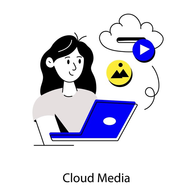 Una mujer se sienta frente a una computadora portátil con un ícono de medios en la nube encima de ella.