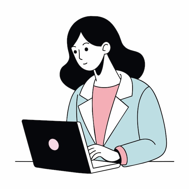 una mujer se sienta frente a una computadora portátil que tiene un logotipo de manzana en él