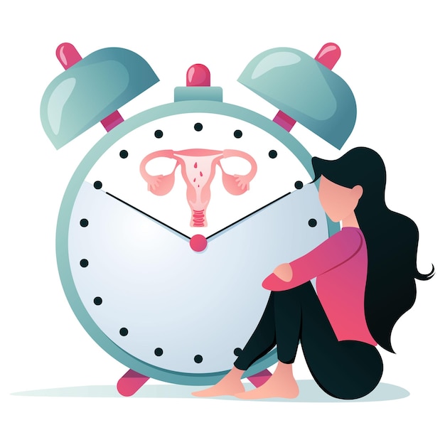 Una mujer se sienta junto a un reloj con la palabra útero.