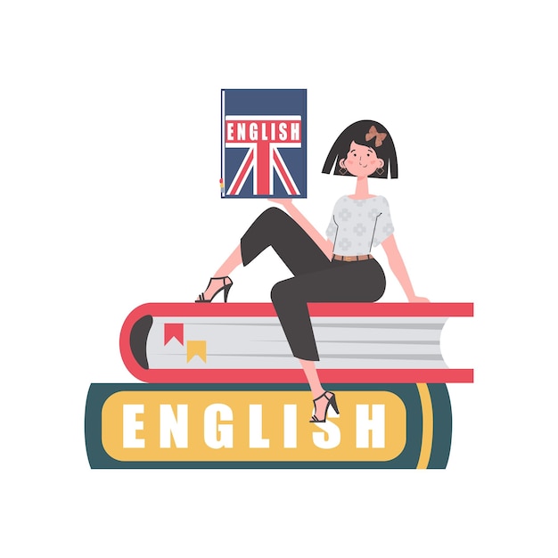 Una mujer se sienta en libros y sostiene un diccionario de inglés en sus manos El concepto de aprender inglés aislado plano de estilo moderno vectorial