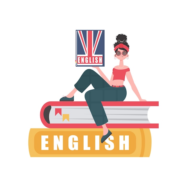 Vector una mujer se sienta en libros y sostiene un diccionario de inglés en sus manos el concepto de aprender inglés aislado vector de estilo de dibujos animados de moda