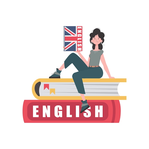Una mujer se sienta en libros y sostiene un diccionario de inglés en sus manos El concepto de enseñar inglés Vector de estilo de moda aislado