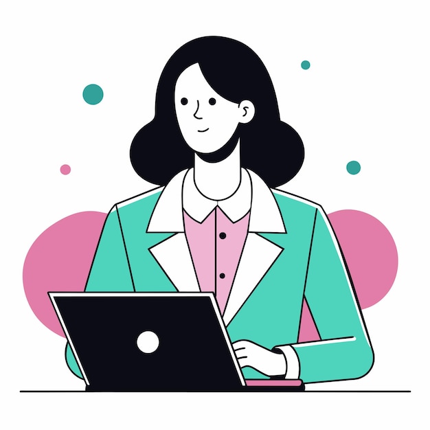 una mujer se sienta en una mesa con una computadora portátil y un fondo rosa y azul