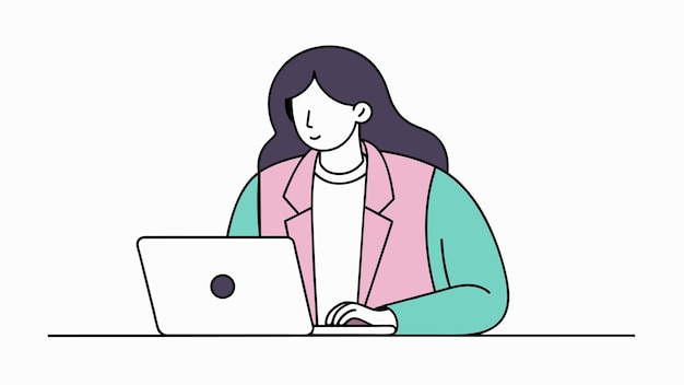 una mujer se sienta en una mesa con una computadora portátil y una imagen de dibujos animados de una mujer trabajando en su computadora